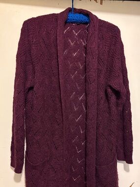 Open-Front Pointelle Knit Cardigan Sweater - Plum